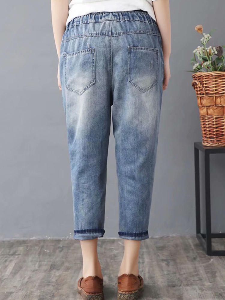 Jeans Casuales De Cintura Alta Con Estampado De Bordado Vintage Para Mujer