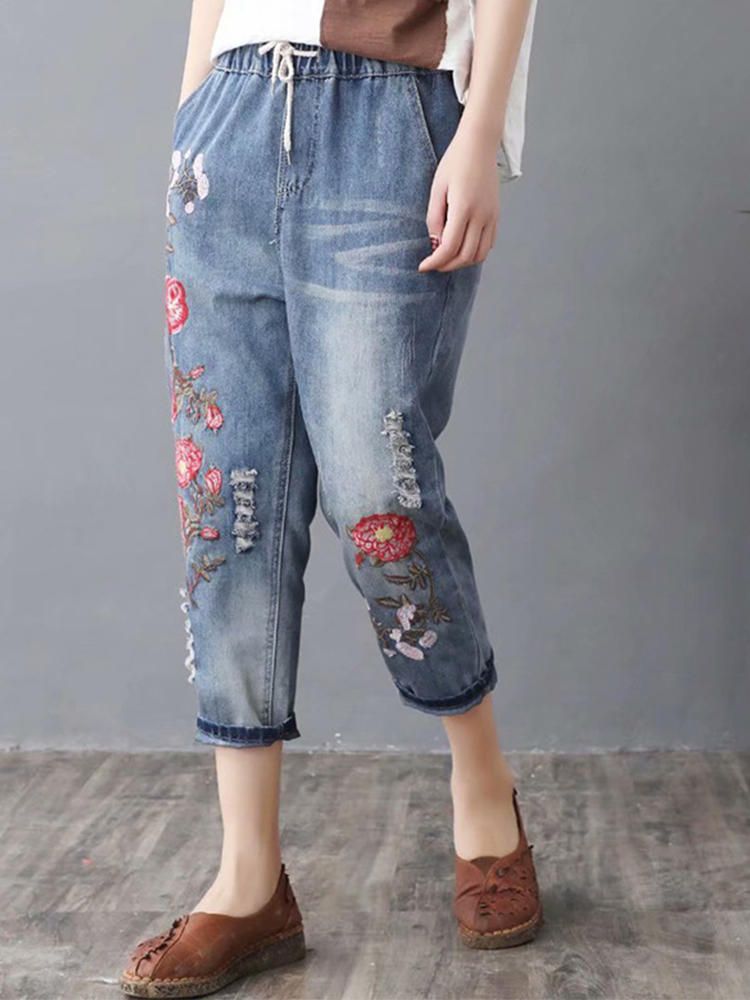 Jeans Casuales De Cintura Alta Con Estampado De Bordado Vintage Para Mujer