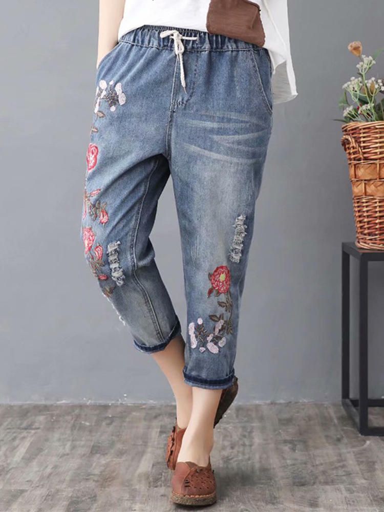 Jeans Casuales De Cintura Alta Con Estampado De Bordado Vintage Para Mujer