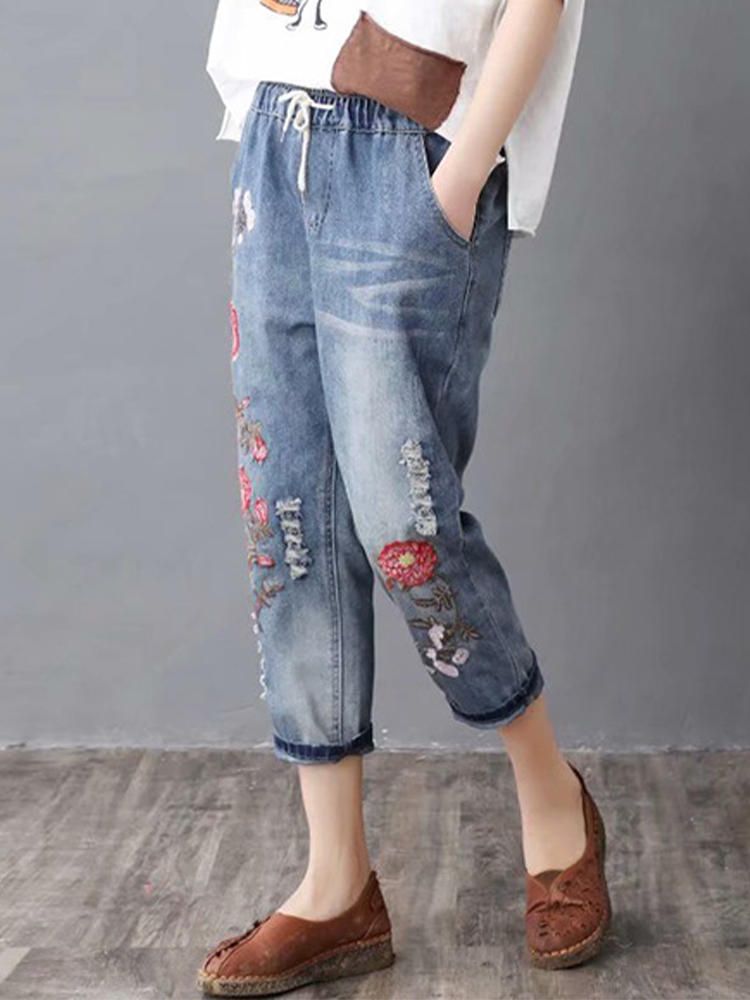 Jeans Casuales De Cintura Alta Con Estampado De Bordado Vintage Para Mujer