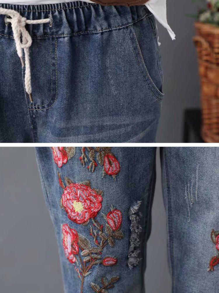 Jeans Casuales De Cintura Alta Con Estampado De Bordado Vintage Para Mujer