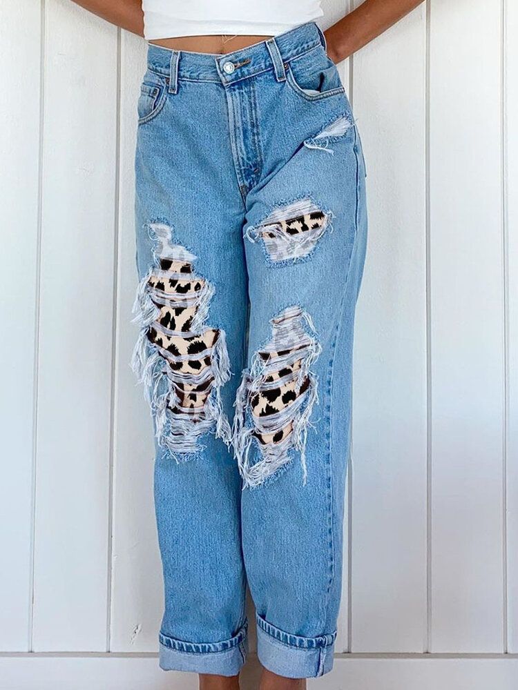 Jeans Casuales De Cintura Media Rígidos Desgastados Y Desgastados De Leopardo Rasgados Para Mujer