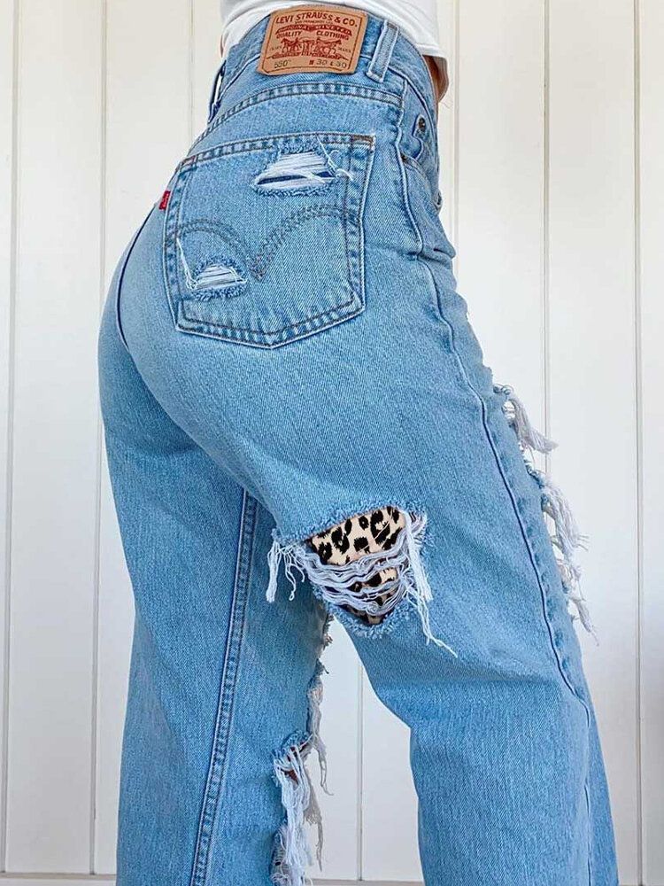 Jeans Casuales De Cintura Media Rígidos Desgastados Y Desgastados De Leopardo Rasgados Para Mujer