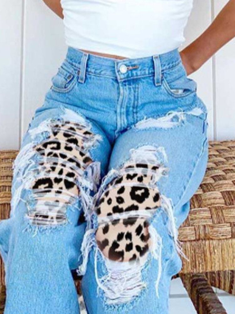 Jeans Casuales De Cintura Media Rígidos Desgastados Y Desgastados De Leopardo Rasgados Para Mujer