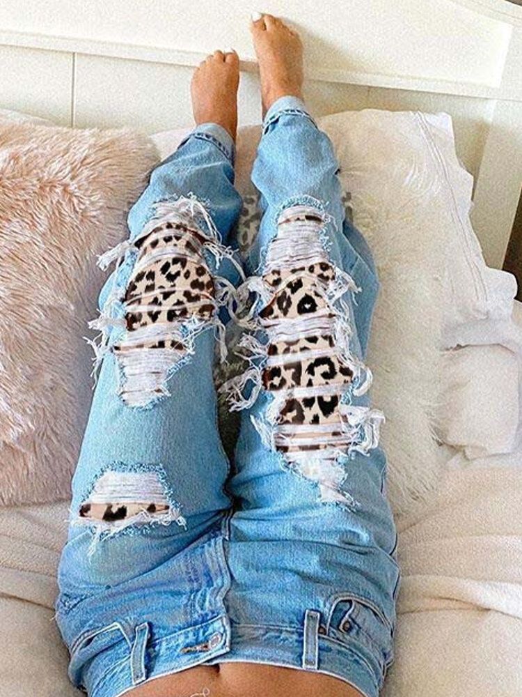 Jeans Casuales De Cintura Media Rígidos Desgastados Y Desgastados De Leopardo Rasgados Para Mujer