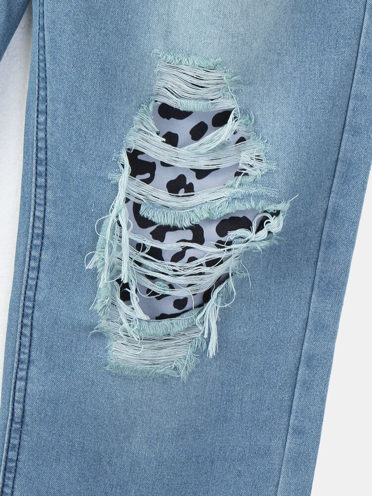 Jeans Casuales De Cintura Media Rígidos Desgastados Y Desgastados De Leopardo Rasgados Para Mujer