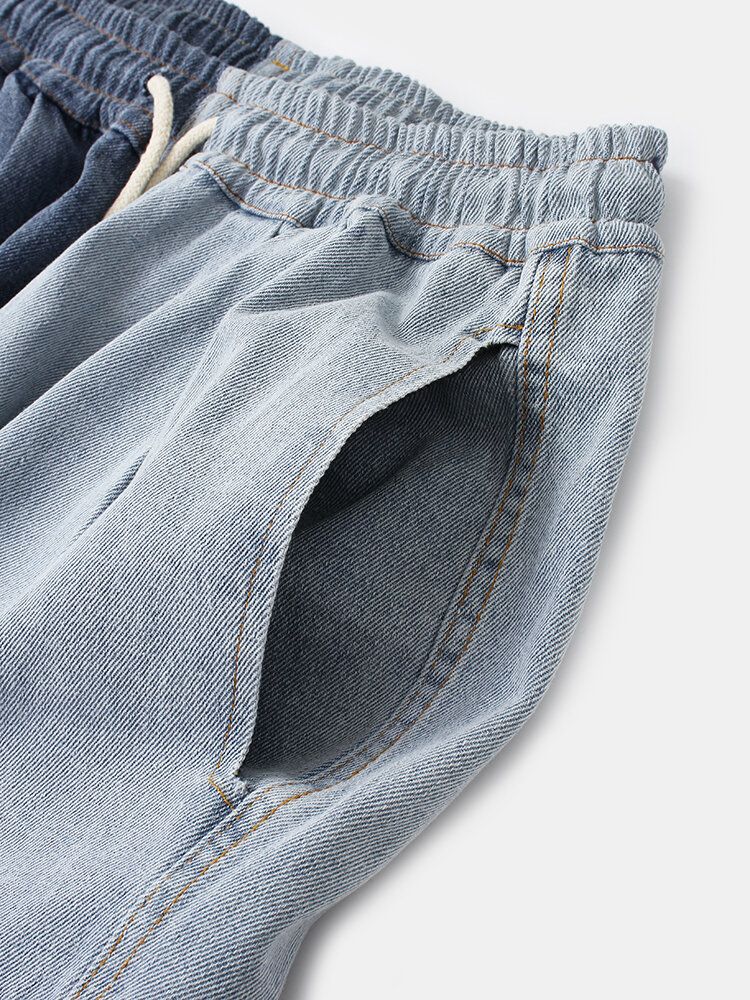 Jeans De Cintura Elástica Con Cordón De Retazos En Contraste Para Hombre Con Bolsillo Grande