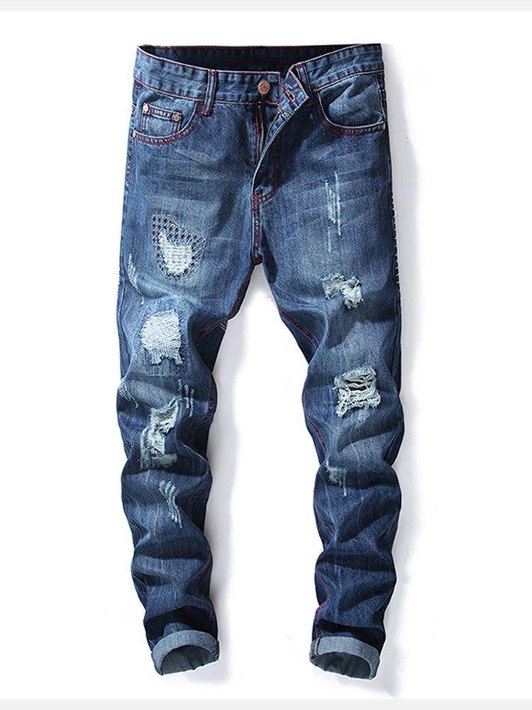 Jeans Con Agujeros De Costura Rojos Con Estilo Para Hombres