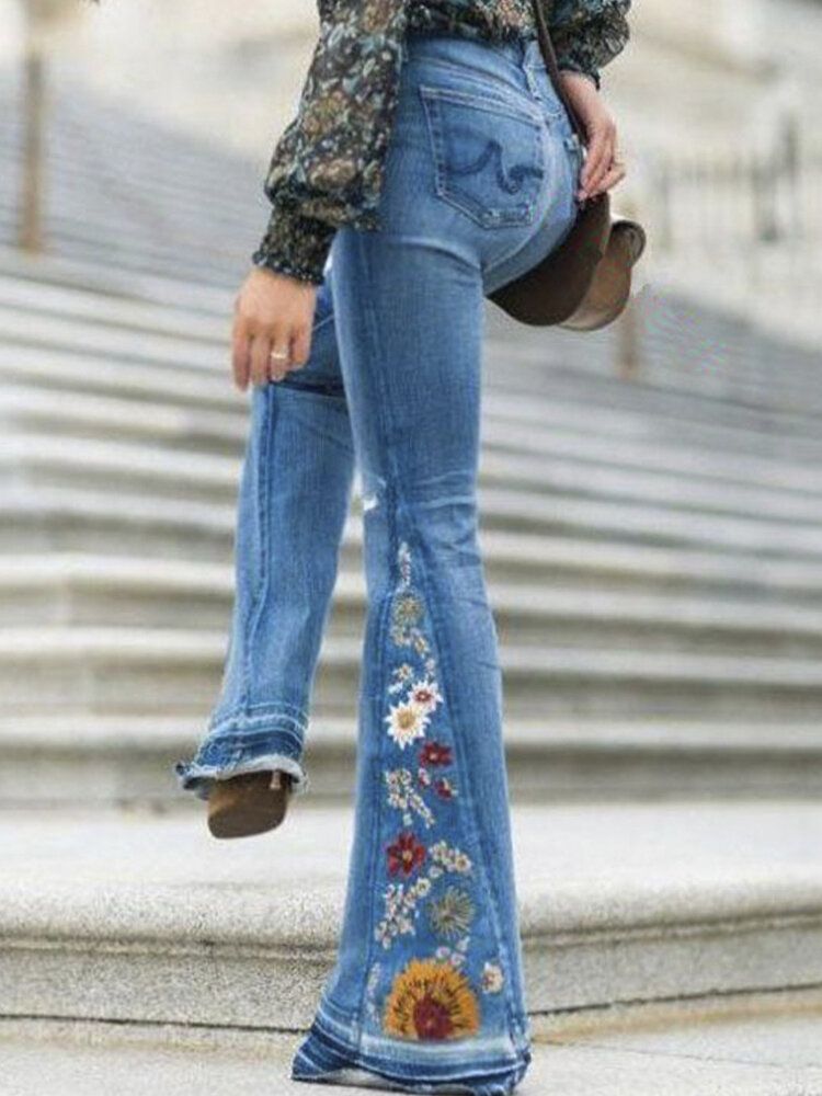 Jeans Con Botones Acampanados Casuales Y Elegantes Con Bordado Floral Para Mujer Con Bolsillos