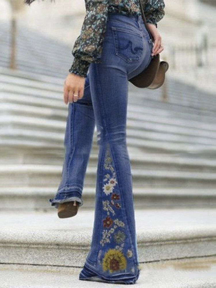 Jeans Con Botones Acampanados Casuales Y Elegantes Con Bordado Floral Para Mujer Con Bolsillos