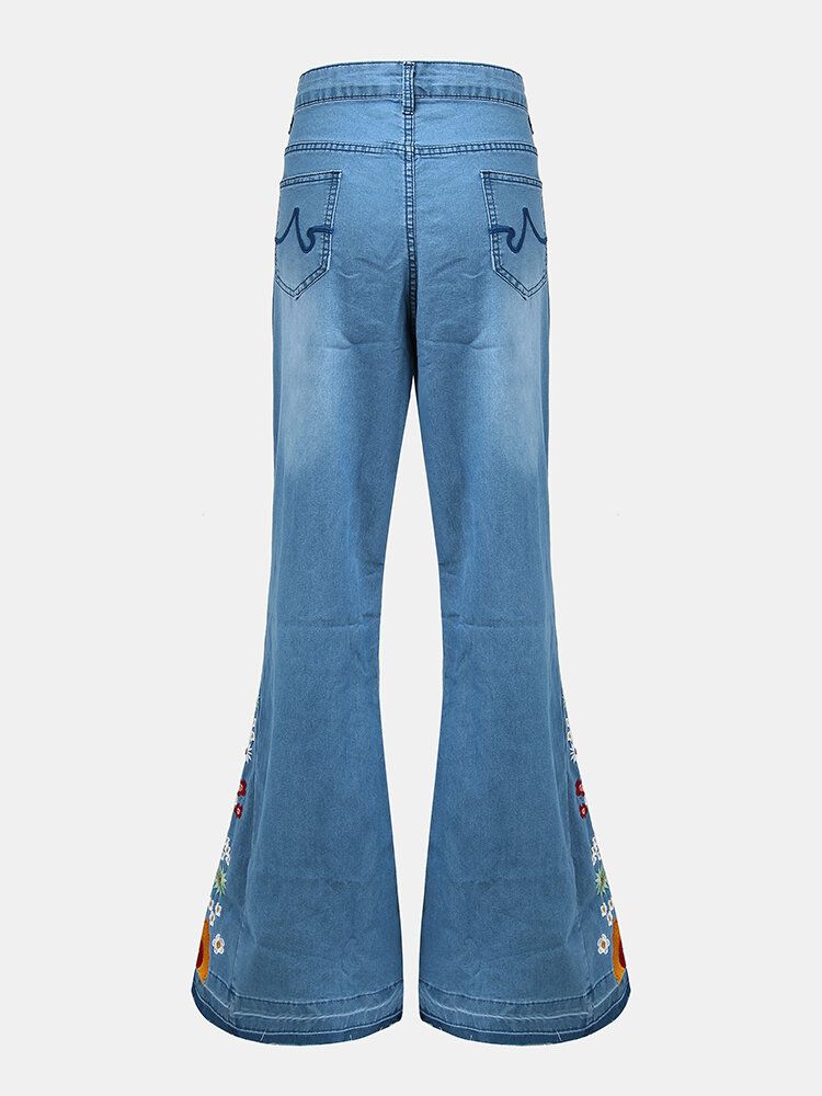 Jeans Con Botones Acampanados Casuales Y Elegantes Con Bordado Floral Para Mujer Con Bolsillos