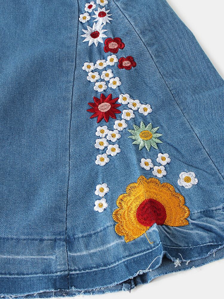 Jeans Con Botones Acampanados Casuales Y Elegantes Con Bordado Floral Para Mujer Con Bolsillos