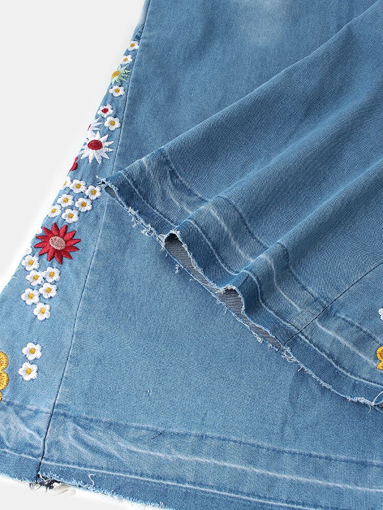 Jeans Con Botones Acampanados Casuales Y Elegantes Con Bordado Floral Para Mujer Con Bolsillos