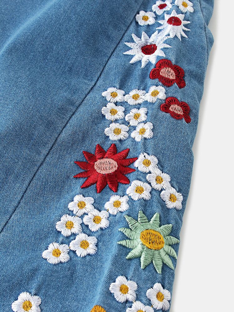 Jeans Con Botones Acampanados Casuales Y Elegantes Con Bordado Floral Para Mujer Con Bolsillos