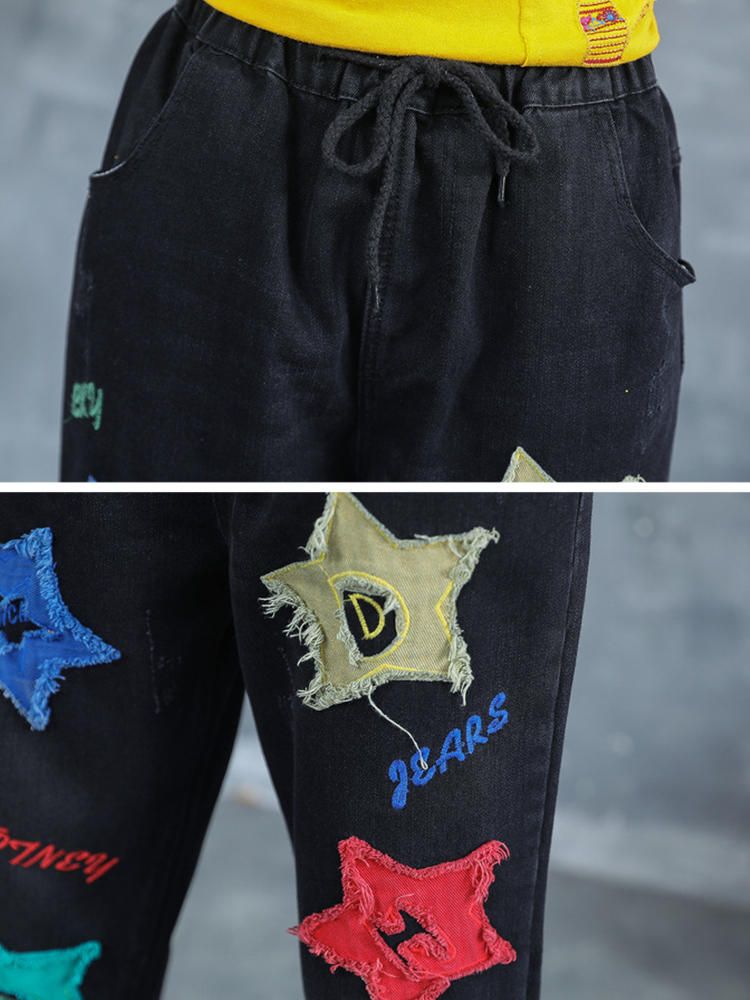 Jeans Con Parche De Estrellas Bordadas Con Letras Para Mujer