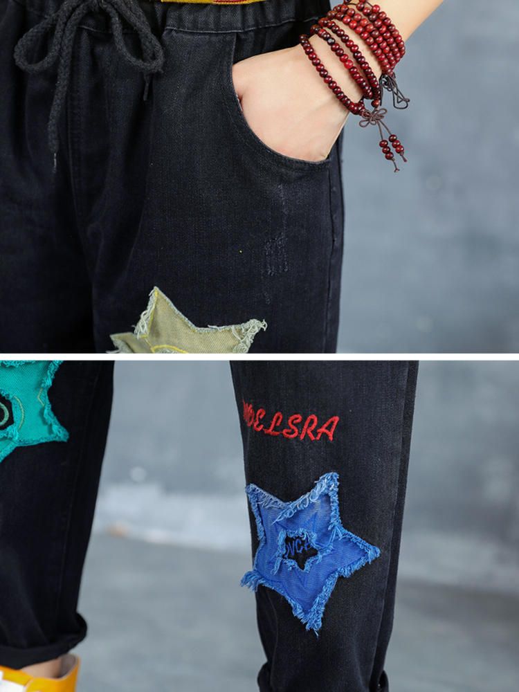 Jeans Con Parche De Estrellas Bordadas Con Letras Para Mujer