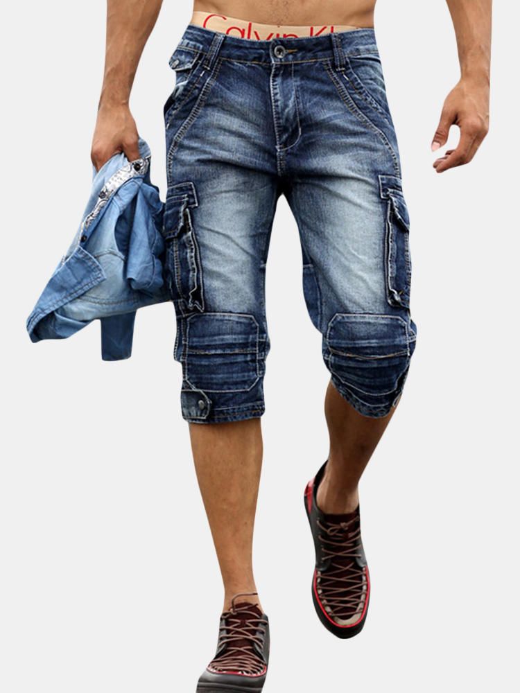 Jeans Cortos Casuales Retro Con Múltiples Bolsillos Sobre La Rodilla Para Hombres