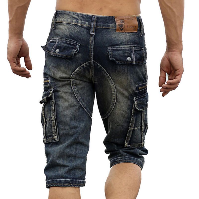 Jeans Cortos Casuales Retro Con Múltiples Bolsillos Sobre La Rodilla Para Hombres