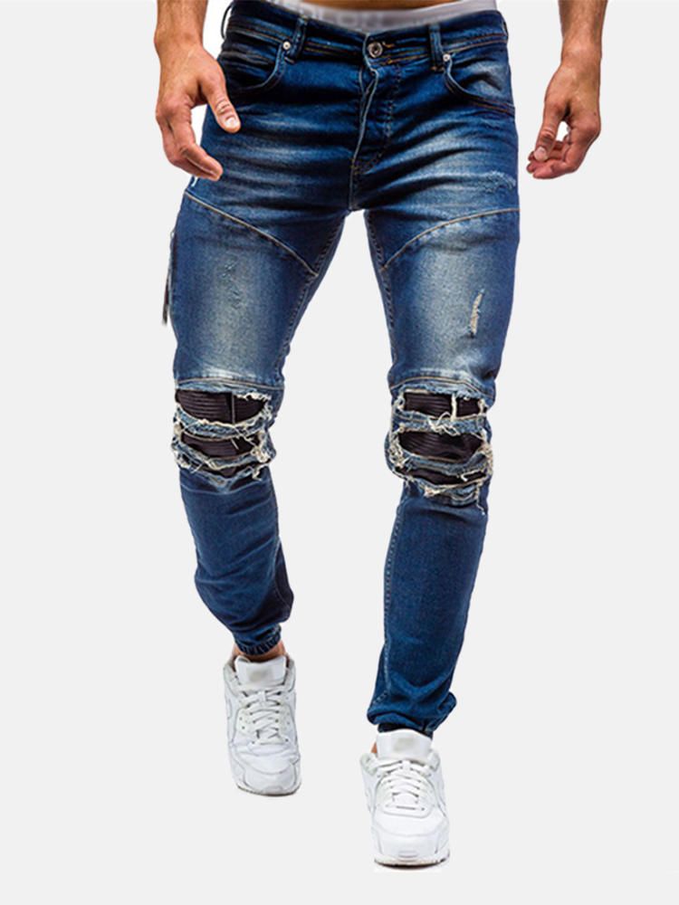 Jeans Desgastados Desgastados Con Agujeros Rasgados Lavados Con Estilo Biker Para Hombres