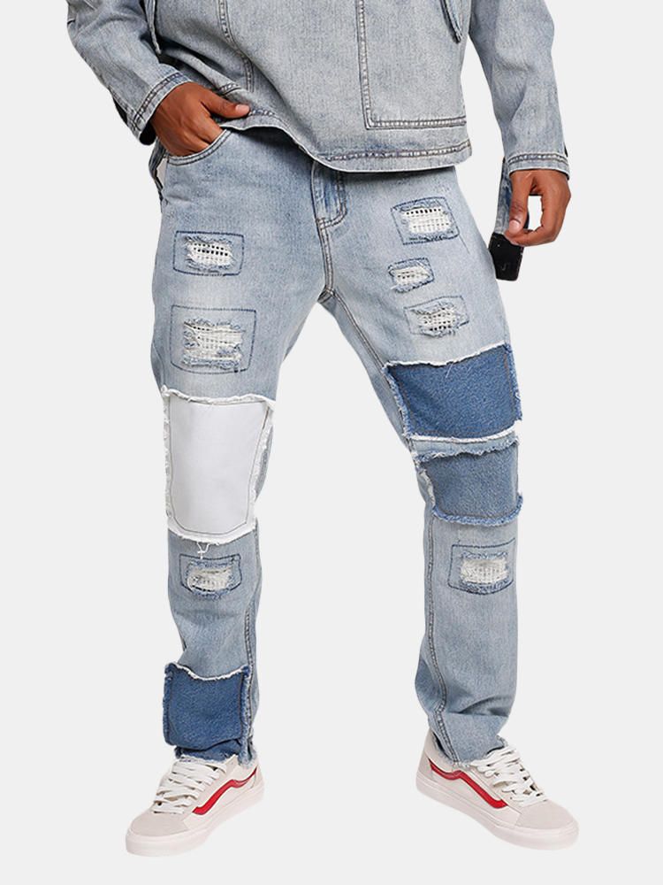 Jeans De Diseñador Lavados En Azul Hip-hop Con Estilo Patchwork