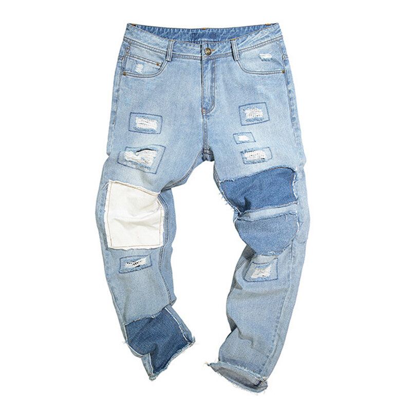 Jeans De Diseñador Lavados En Azul Hip-hop Con Estilo Patchwork