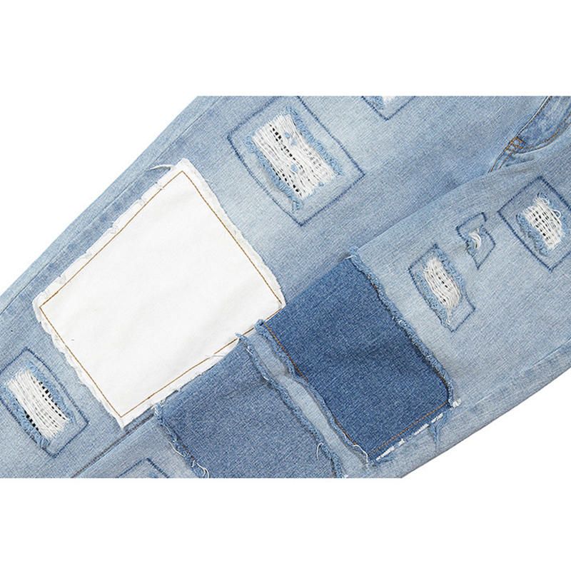 Jeans De Diseñador Lavados En Azul Hip-hop Con Estilo Patchwork