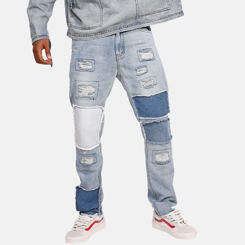 Jeans De Diseñador Lavados En Azul Hip-hop Con Estilo Patchwork