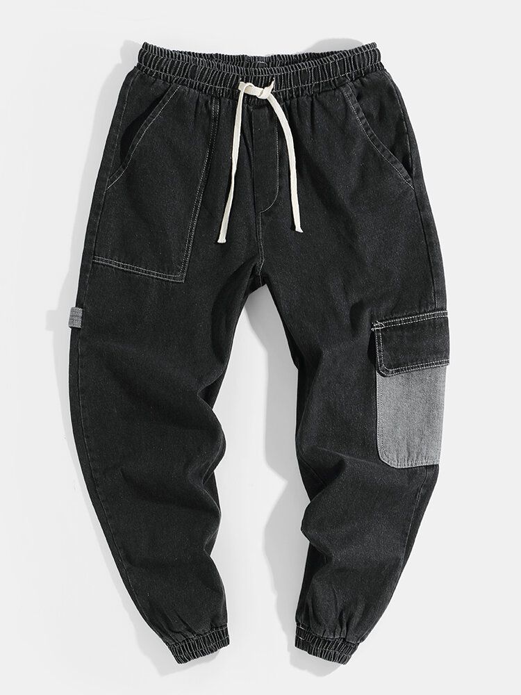 Jeans Joggers Sueltos Con Cintura Elástica Y Cordón Para Hombre Con Bolsillo