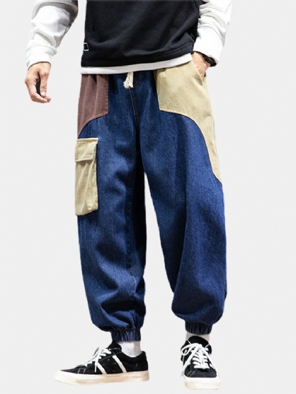 Jeans De Jogging Sueltos Con Cintura Elástica Y Multibolsillos Para Hombre