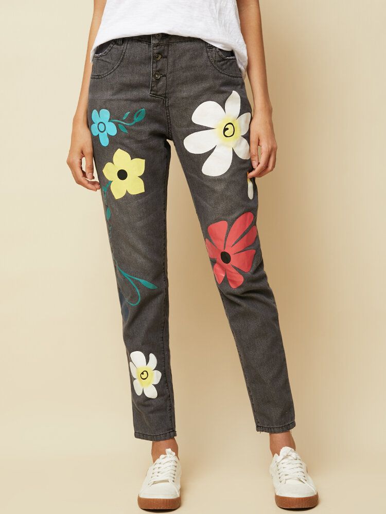 Jeans Largos De Mezclilla Con Botones Con Estampado De Flores Casuales Para Mujeres