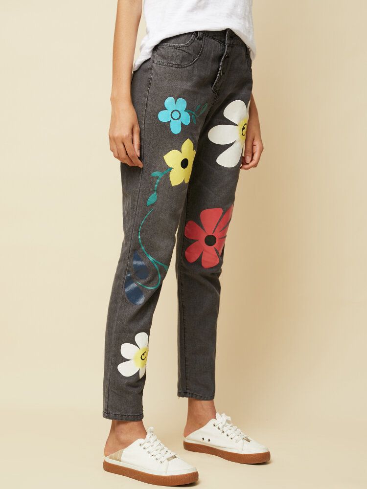 Jeans Largos De Mezclilla Con Botones Con Estampado De Flores Casuales Para Mujeres