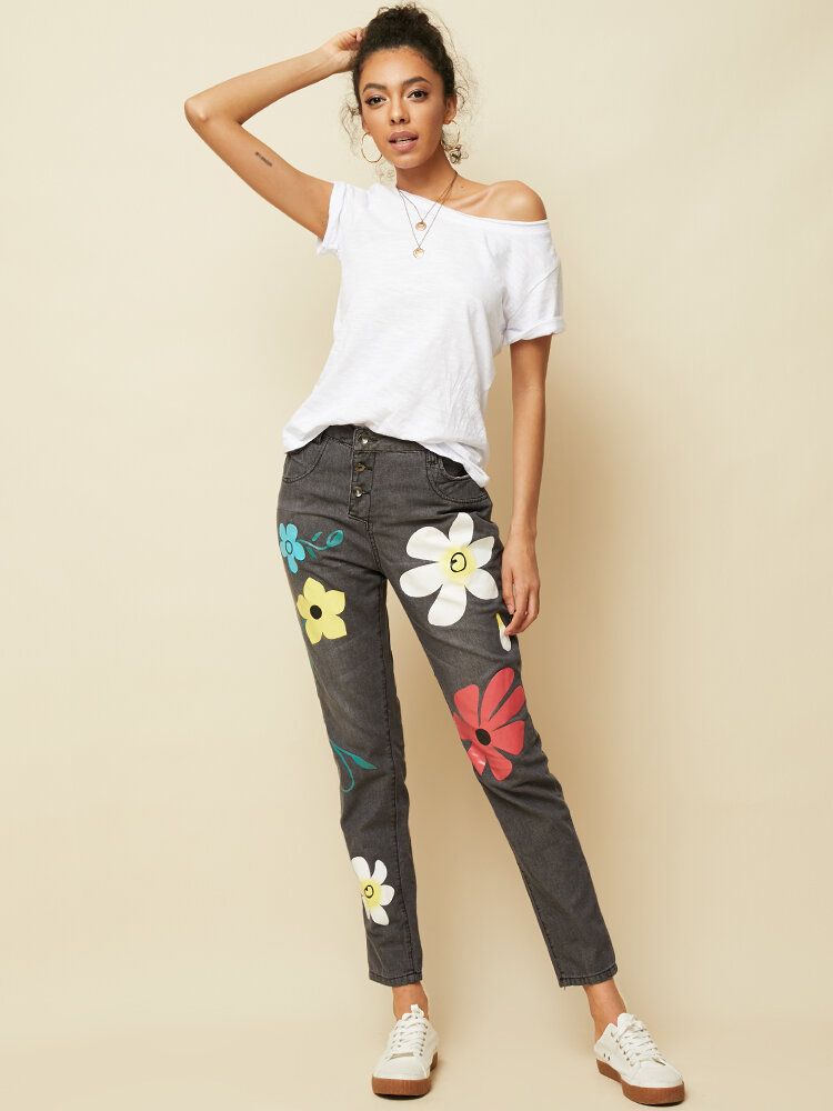 Jeans Largos De Mezclilla Con Botones Con Estampado De Flores Casuales Para Mujeres