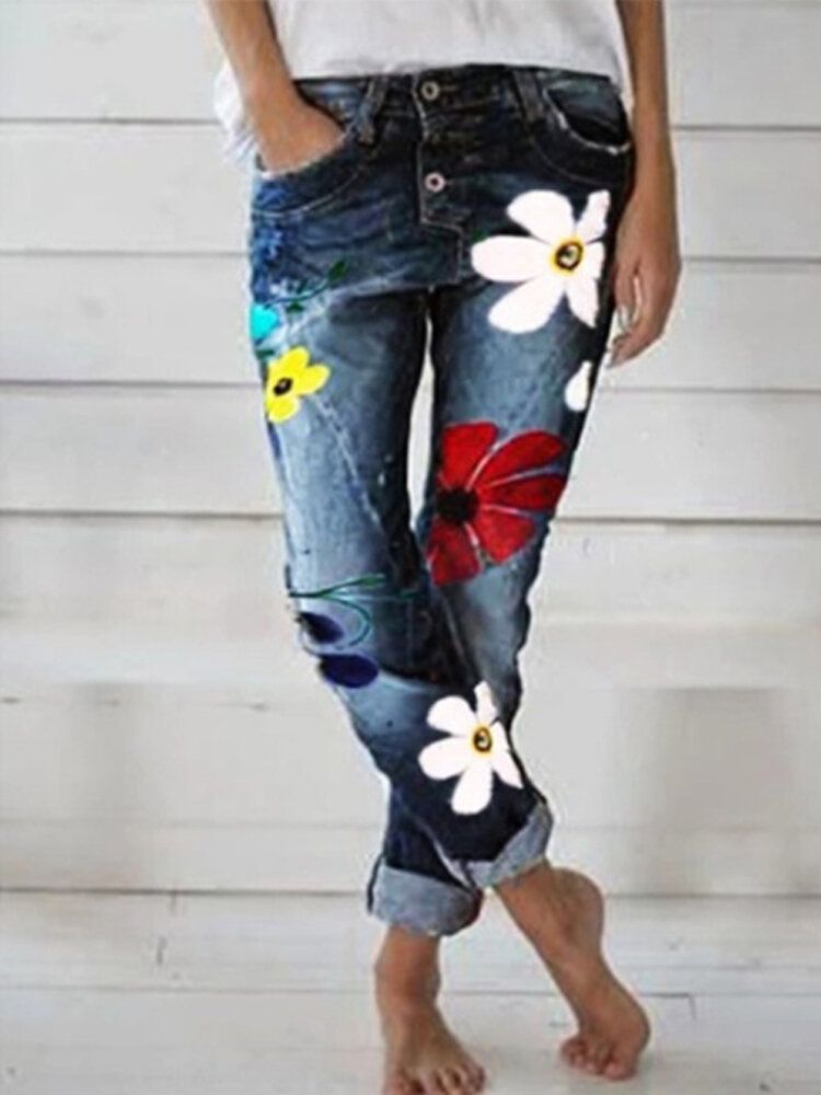 Jeans Largos De Mezclilla Con Botones Con Estampado De Flores Casuales Para Mujeres