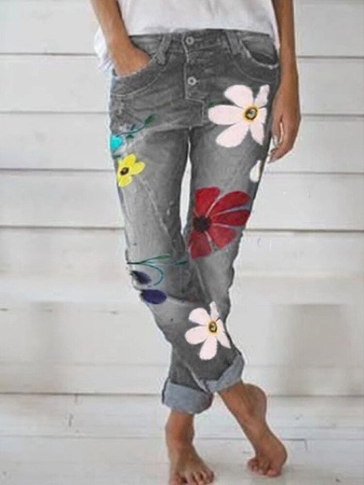 Jeans Largos De Mezclilla Con Botones Con Estampado De Flores Casuales Para Mujeres