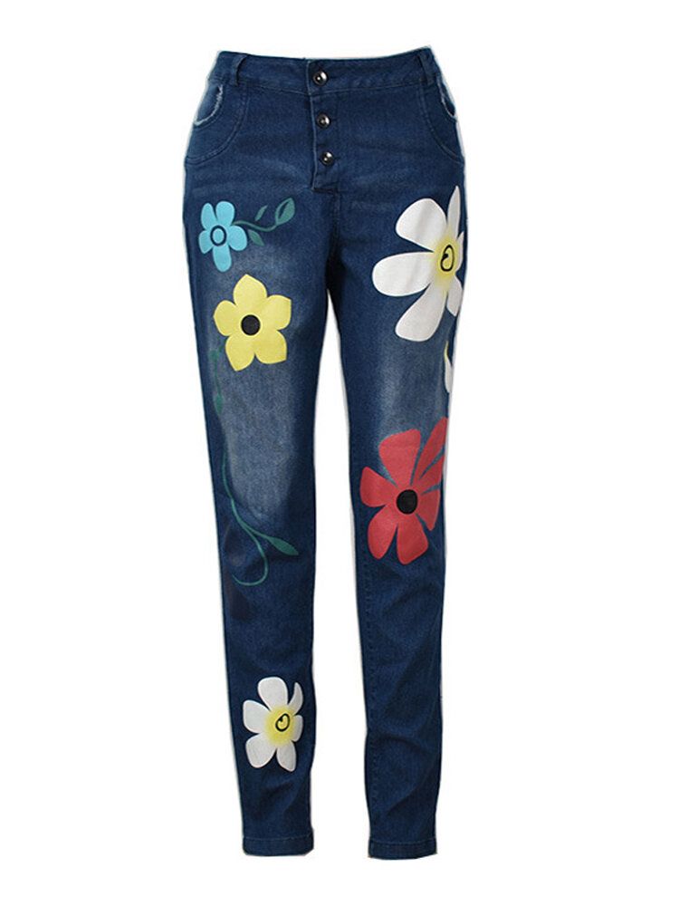 Jeans Largos De Mezclilla Con Botones Con Estampado De Flores Casuales Para Mujeres