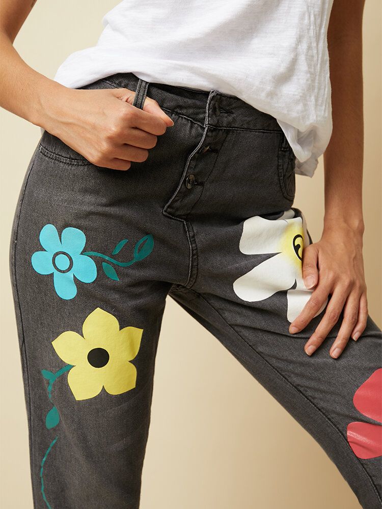 Jeans Largos De Mezclilla Con Botones Con Estampado De Flores Casuales Para Mujeres