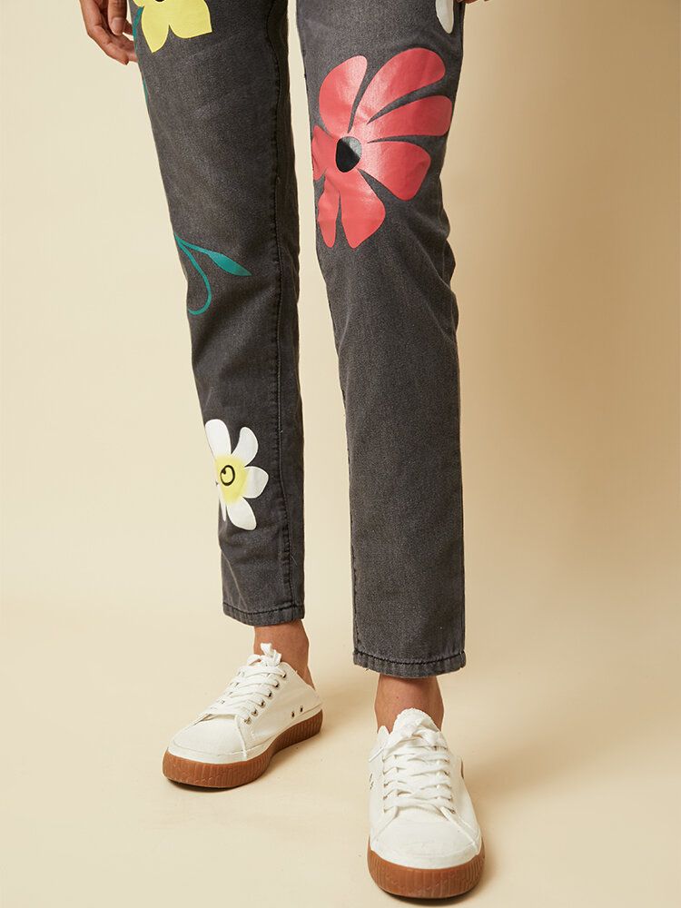 Jeans Largos De Mezclilla Con Botones Con Estampado De Flores Casuales Para Mujeres