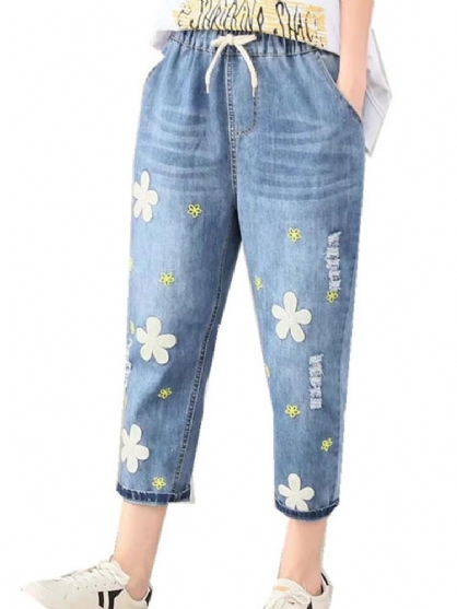 Jeans De Mezclilla Azul Con Cintura Elástica Con Bordado De Flores Casuales Para Mujeres