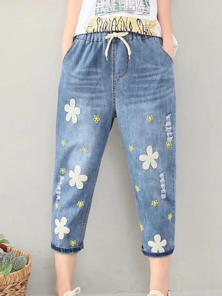 Jeans De Mezclilla Azul Con Cintura Elástica Con Bordado De Flores Casuales Para Mujeres