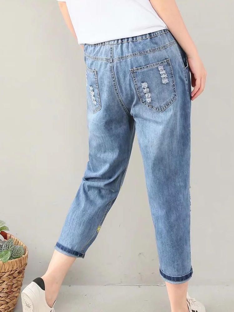 Jeans De Mezclilla Azul Con Cintura Elástica Con Bordado De Flores Casuales Para Mujeres