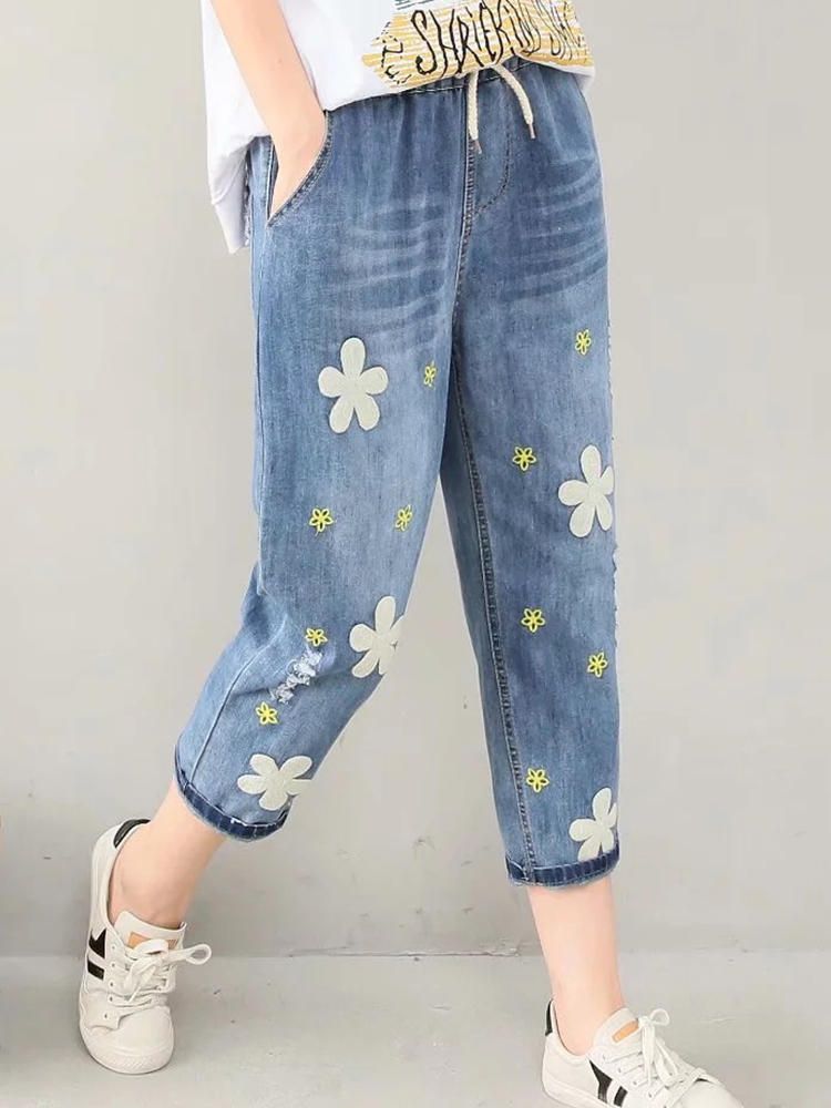 Jeans De Mezclilla Azul Con Cintura Elástica Con Bordado De Flores Casuales Para Mujeres