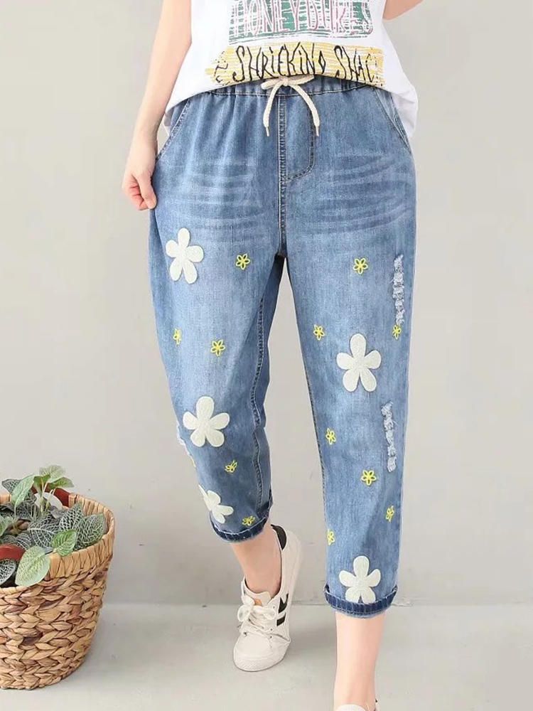 Jeans De Mezclilla Azul Con Cintura Elástica Con Bordado De Flores Casuales Para Mujeres