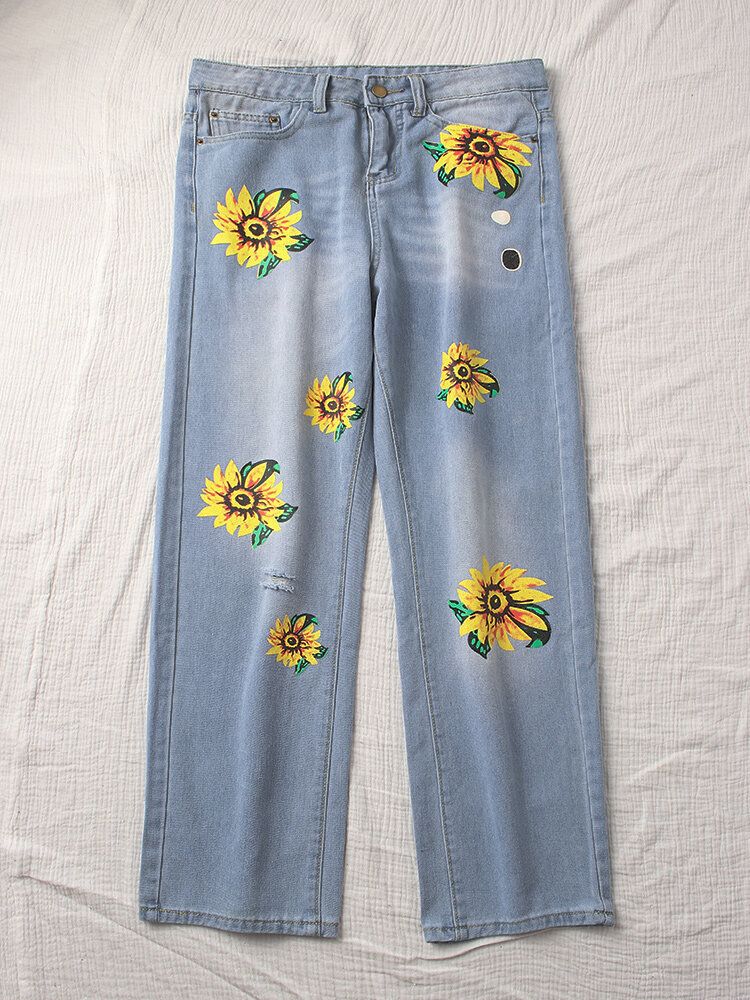 Jeans De Mezclilla Casuales De Pierna Ancha Con Bolsillo Lateral Con Estampado De Girasol