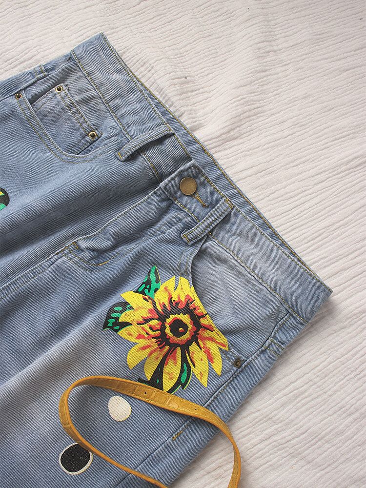 Jeans De Mezclilla Casuales De Pierna Ancha Con Bolsillo Lateral Con Estampado De Girasol