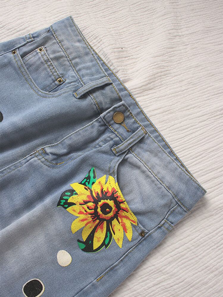 Jeans De Mezclilla Casuales De Pierna Ancha Con Bolsillo Lateral Con Estampado De Girasol