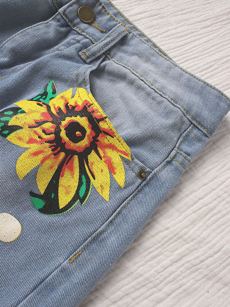 Jeans De Mezclilla Casuales De Pierna Ancha Con Bolsillo Lateral Con Estampado De Girasol