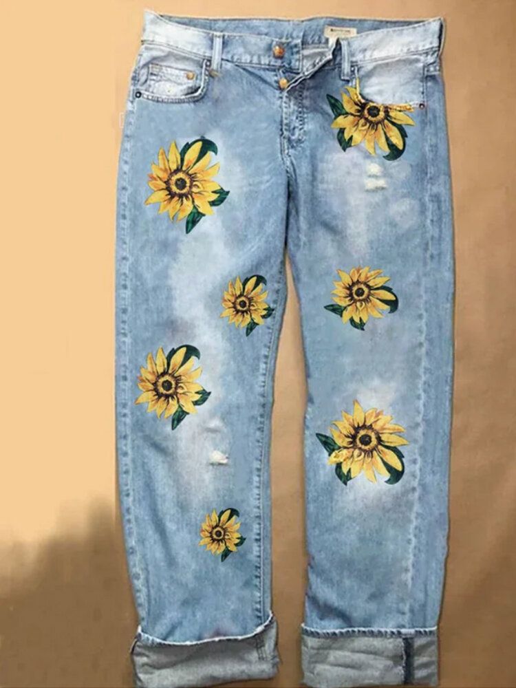 Jeans De Mezclilla Casuales De Pierna Ancha Con Bolsillo Lateral Con Estampado De Girasol