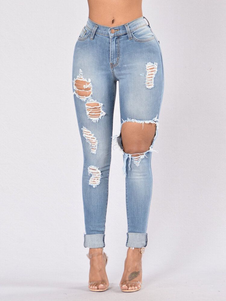 Jeans De Mezclilla Largos Rasgados Con Bolsillos Casuales Para Mujer