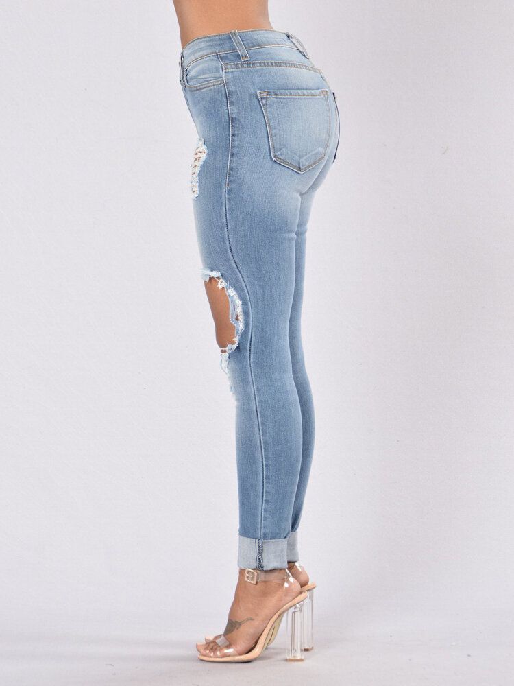 Jeans De Mezclilla Largos Rasgados Con Bolsillos Casuales Para Mujer