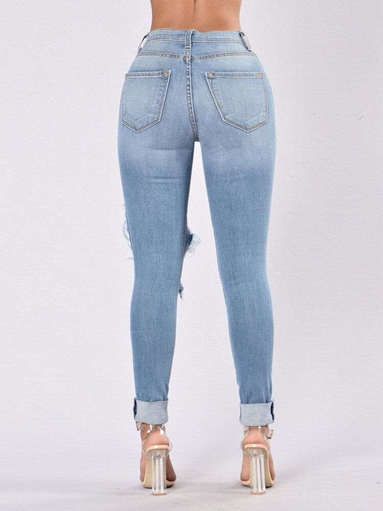 Jeans De Mezclilla Largos Rasgados Con Bolsillos Casuales Para Mujer